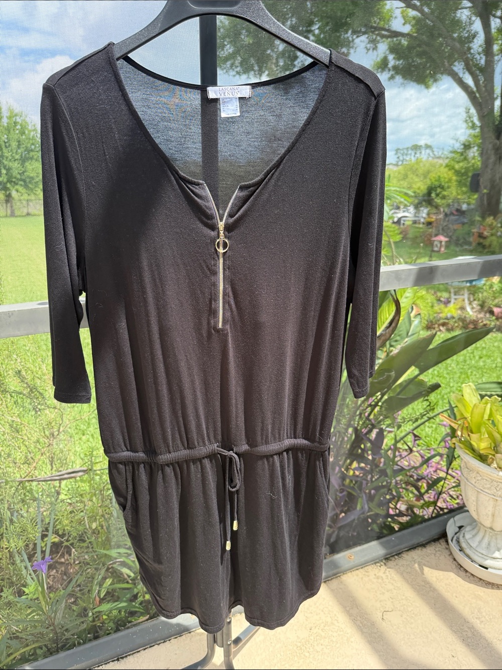 Women’s Black Zip-Front Mini Dress with Drawstring Waist